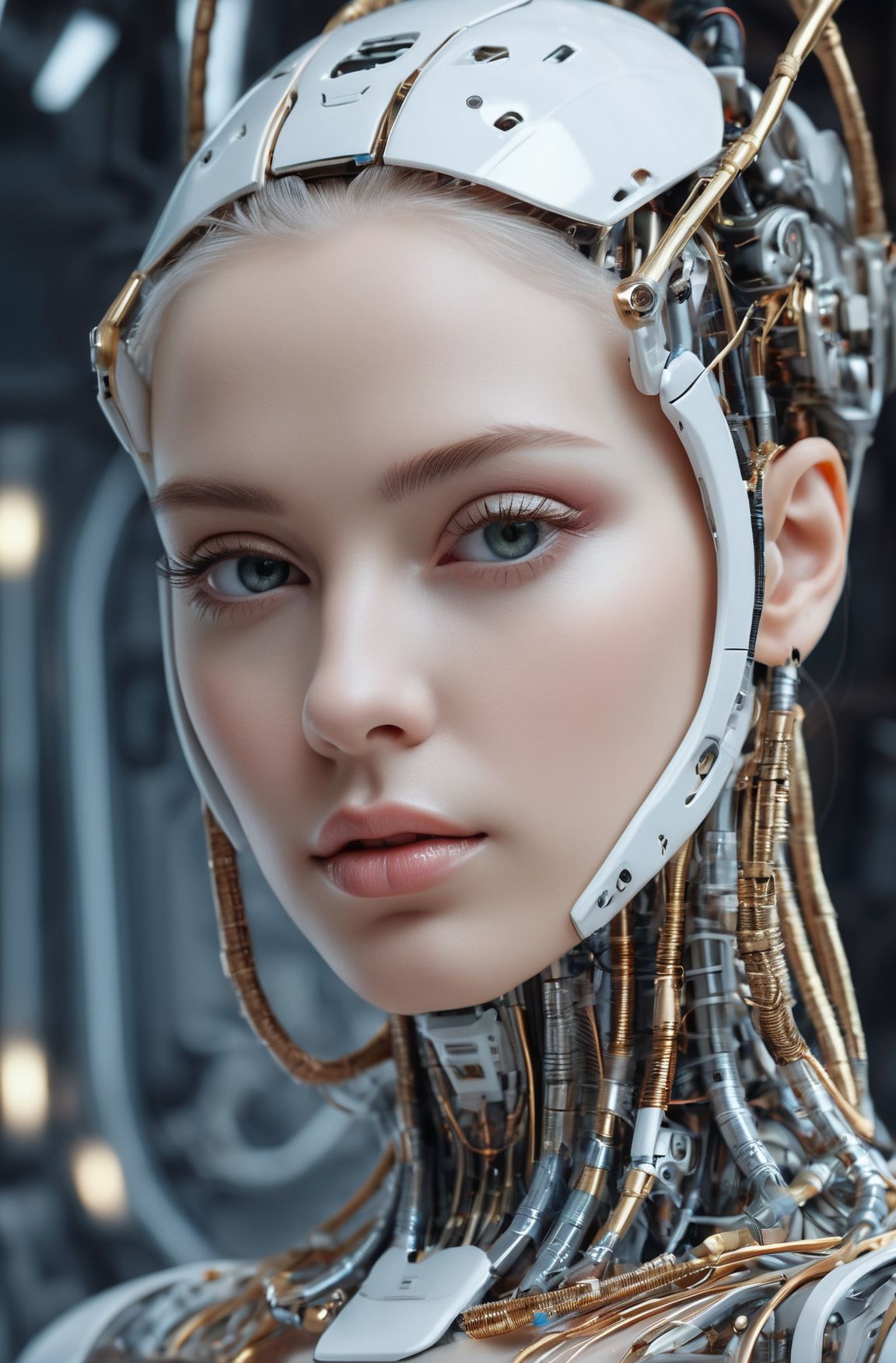 complex 3d render ultra detailed of a beautiful porcelain profile woman android face, cyborg, robotic parts, 150 mm, beautiful studio soft light, rim light, vibrant details, luxurious cyberpunk, lace, hyperrealistic, anatomical, facial muscles, cable electric wires, microchip, elegant, beautiful background, octane render, H. R. Giger style, 8k, best quality, masterpiece, illustration, an extremely delicate and beautiful, extremely detailed ,CG ,unity ,wallpaper, (realistic, photo-realistic:1.37),Amazing, finely detail, masterpiece,best quality,official art, extremely detailed CG unity 8k wallpaper, absurdres, incredibly absurdres, robot, silver halmet, full body, sitting