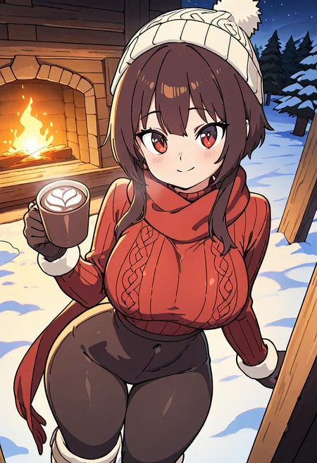 masterpiece, best quality, solo, curvy, beautiful eyes, narrow waist, wide hips, 1girl, solo, smile, looking at viewer, dynamic angle, foreshortening, close up,    zzMegu, red eyes, short hair, brown hair, short hair with long locks,   ,<lora:MeguminKonosubaCSV_IXL_v1:0.7>,  large breasts, [Snowy Mountain Lodge], thick cable-knit sweater with oversized scarf, woolen gloves and knitted beanie, insulated winter jacket with faux fur trim, snow boots with thermal lining, fleece-lined leggings, sipping hot cocoa by the fireplace, snow-covered cabin surrounded by tall pine trees, soft snowfall outside,