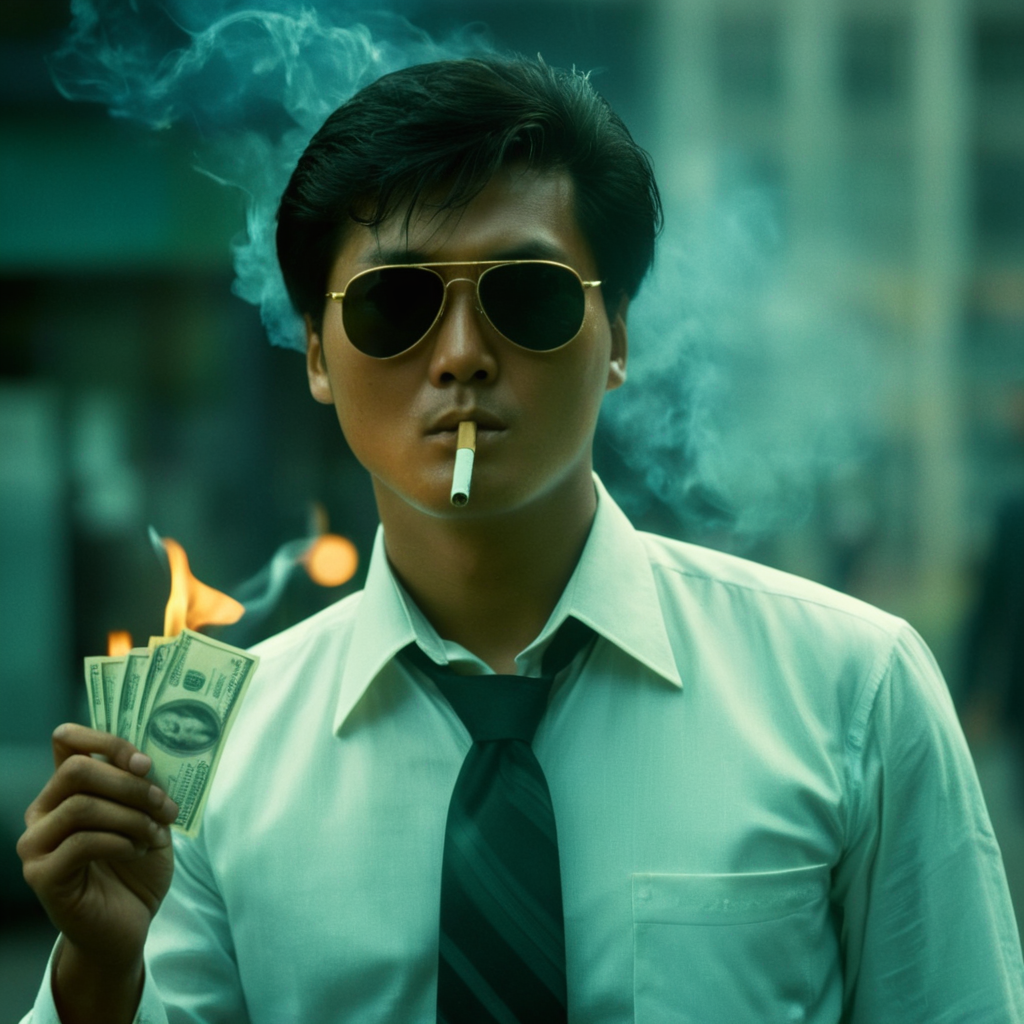 cinematic film still of  <lora:Hong Kong action cinema style:1>
In the 1980's In Hong Kong China a man in sunglasses holding a burning money bill while smoking,solo,shirt,black hair,1boy,upper body,male focus,necktie,blurry,blurry background,sunglasses,cigarette,realistic,smoking,money,newspaper,aviator sunglasses,holding money,Asian,cinematic,action-themed,violence,aim,aiming,pointing,Kodak,Film style,movie style,film grain,film contrast,action packed,serious,stunt,Hong Kong action cinema style,Asian,cinematic,action-themed,violence,aim,aiming,pointing,Kodak,Film style,movie style,film grain,film contrast,action packed,serious,stunt,Hong Kong action cinema style, shallow depth of field, vignette, highly detailed, high budget, bokeh, cinemascope, moody, epic, gorgeous, film grain, grainy