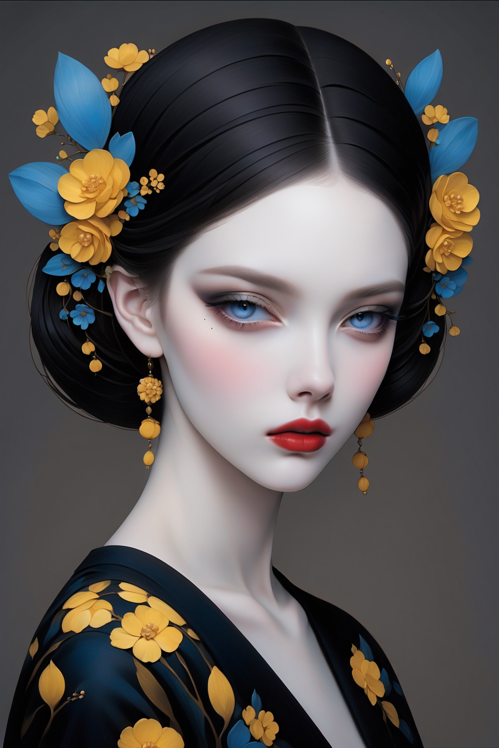 <lora:NHmix:0.8>,GL,1girl,solo,looking at viewer,red lips,blue eyes,makeup,blue eyes,mole under eye,flower,hair ornament,grey background,lips,makeup,