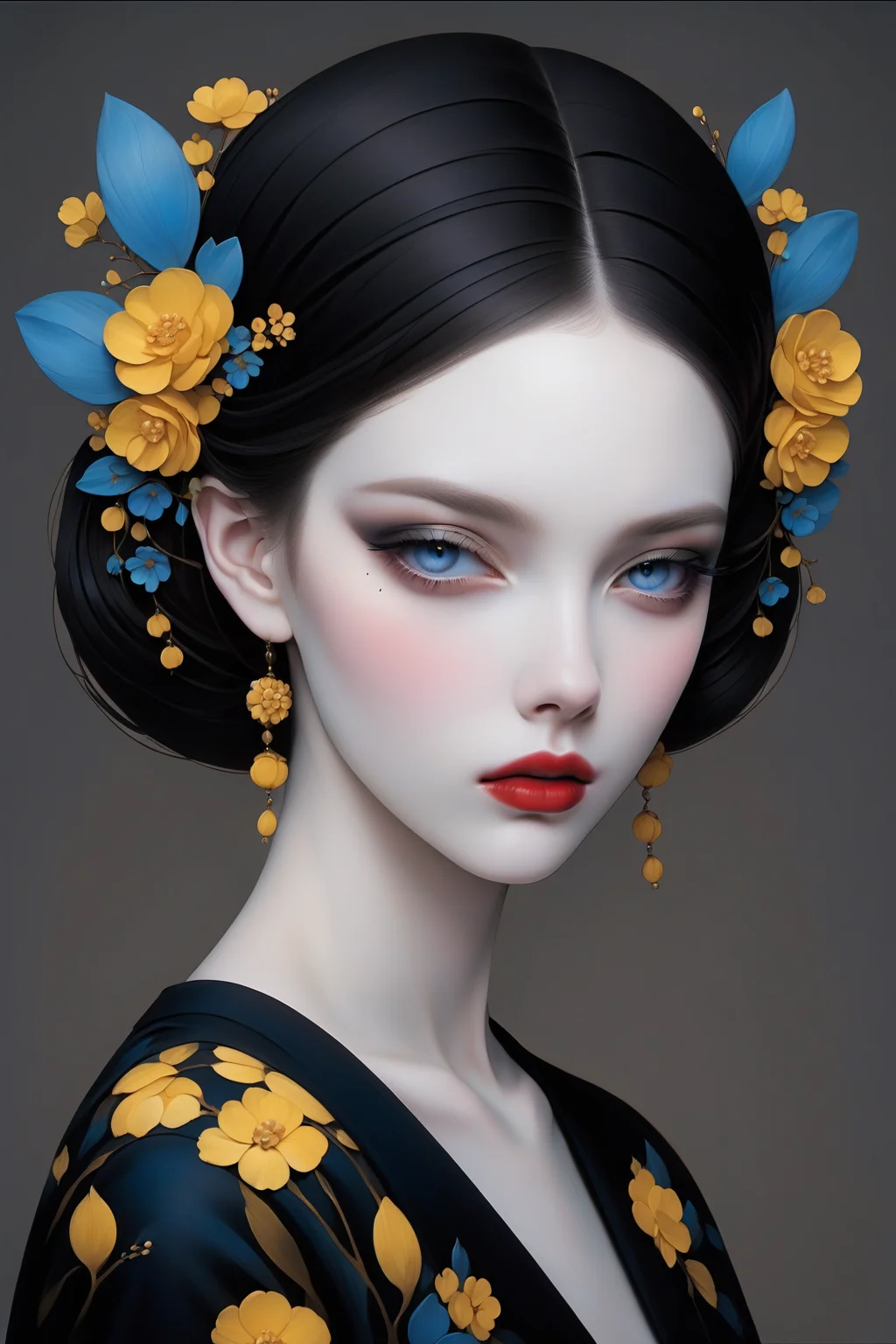 <lora:NHmix:0.8>,GL,1girl,solo,looking at viewer,red lips,blue eyes,makeup,blue eyes,mole under eye,flower,hair ornament,grey background,lips,makeup,