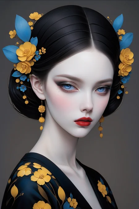 <lora:NHmix:0.8>,GL,1girl,solo,looking at viewer,red lips,blue eyes,makeup,blue eyes,mole under eye,flower,hair ornament,grey background,lips,makeup,