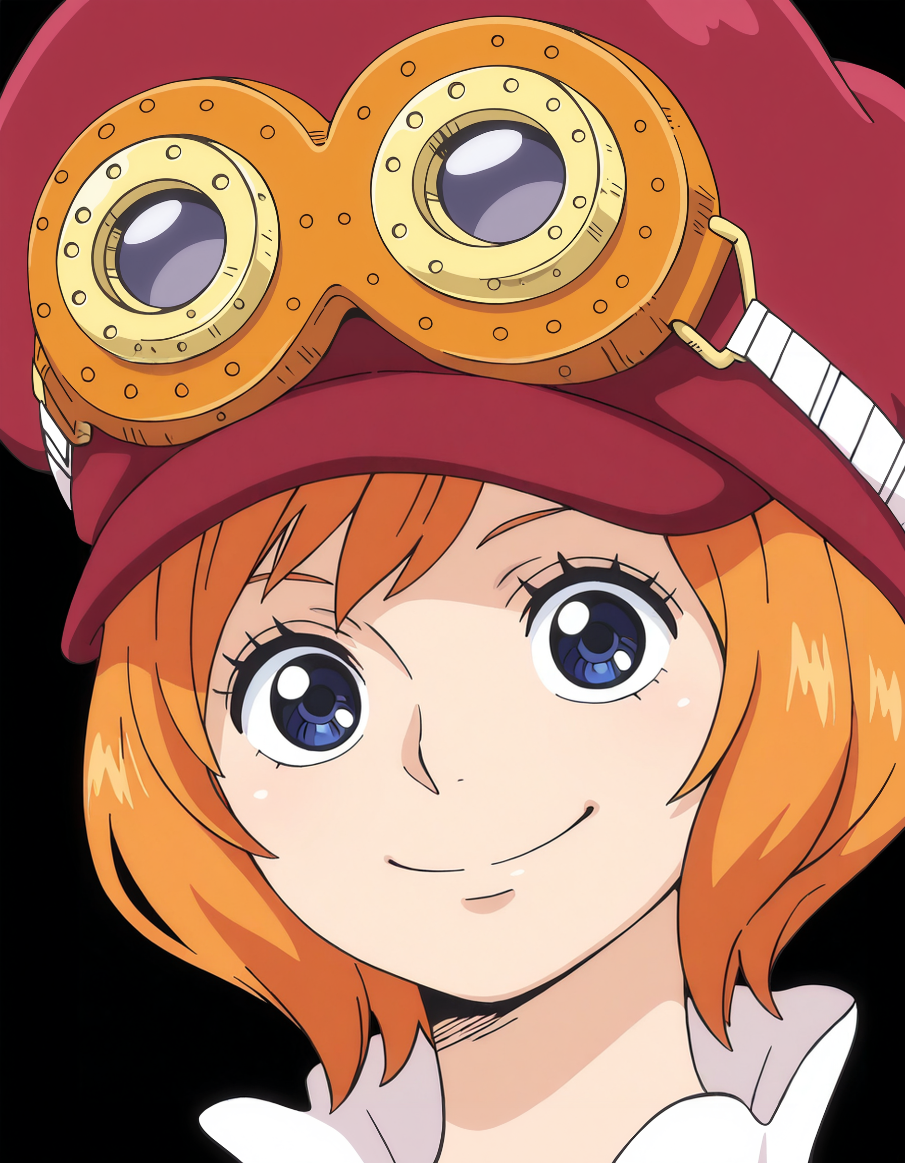 <lora:Koala Illu:1>
1girl, solo,
ko4la, short hair, blue eyes, orange hair,
peaked cap, goggles on headwear, 
portrait, smile, looking at viewer, 
anime coloring, anime screencap,, masterpiece, best quality, amazing quality,, (simple background, black background:1.5),