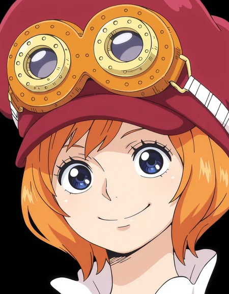 <lora:Koala Illu:1>
1girl, solo,
ko4la, short hair, blue eyes, orange hair,
peaked cap, goggles on headwear,
portrait, smile, looking at viewer,
anime coloring, anime screencap,, masterpiece, best quality, amazing quality,, (simple background, black background:1.5),