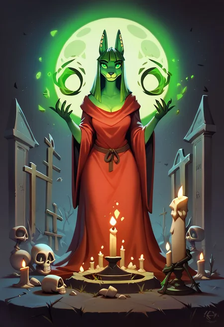 score_9, score_8_up, score_8, 1girl, , smooth, anthro, detailed, perfect, red velvety robe, high quality, high definition, necromancer, glowing green eyes, casting a spell, raising a skeleton from a grave, cemetery, glowing green magic, dark sky, haunted graveyard, candles burning, green glow