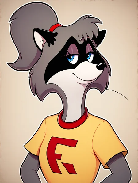 score_9, score_8_up, score_7_up, toon \(style\),ultra high quality,ultra high resolution,ultra ,full body, seductive, very realistic,(extremely detailed), detailed background,,(masterpiece, best quality, high quality, highres, ultra-detailed),toon (style), flat color,  <lora:Lisa_Racoon_The_Racoons:0.8> lisa racoon, racoon, anthro, furry, grey fur, blue eyes, high ponytail, yellow shirt, mediumbreasts,portrait,red collar,half closed eyes,red 7 on shirt,(portrait:1.3),seductive pose,
