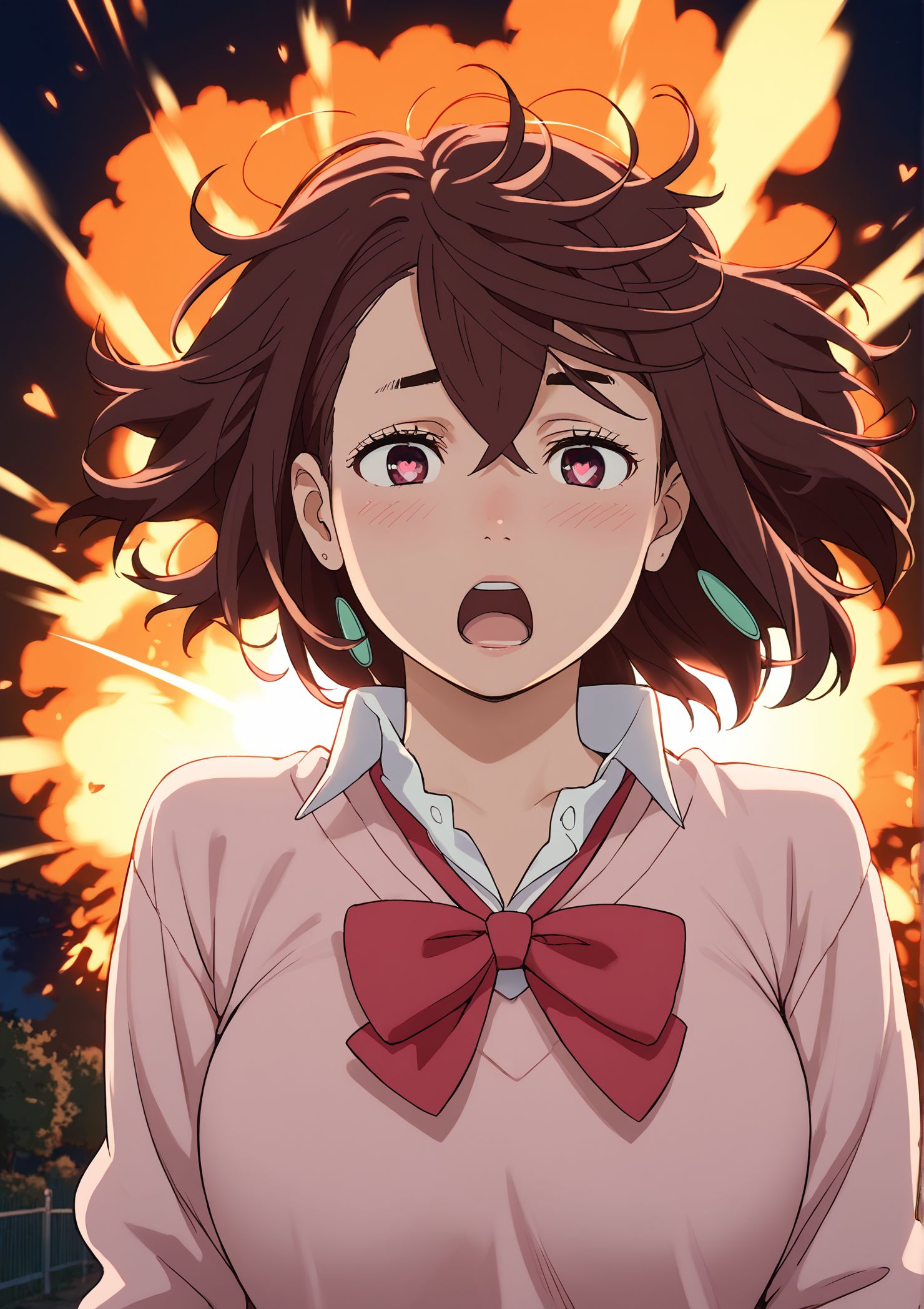 score_9,score_8_up,score_7_up,masterpiece, best quality, <lora:WHM 0.2v:0.5>, WHM, 2D,anime,  
heart-shaped pupils, heart, follen in love,blush, backlighting, <lora:momo-ayase-alpha-s1-ponyxl-lora-nochekaiser:1>, 1girl,bangs,bow,brown hair,hair between eyes,half-closed eyes,jewelry,medium hair,momo ayase,night,open mouth,red bow,school uniform,shirt,short hair,solo,sweater,surprised,behind the explosion,huge breasts,
heart-shaped pupils, wind,  surprised,  messy hair, close up,
BREAK
<lora:okarun_pony:0>