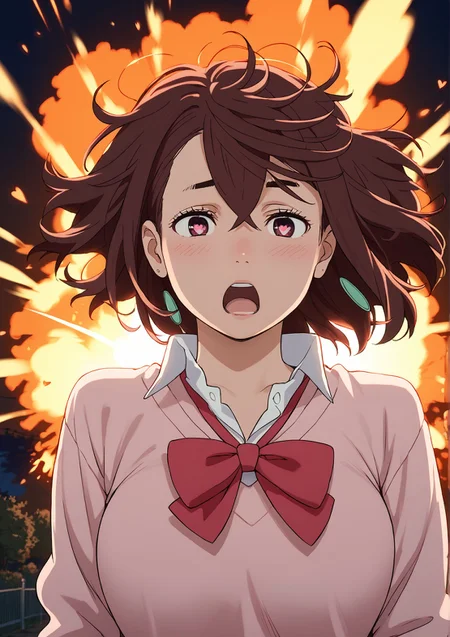 score_9,score_8_up,score_7_up,masterpiece, best quality, <lora:WHM 0.2v:0.5>, WHM, 2D,anime,
heart-shaped pupils, heart, follen in love,blush, backlighting, <lora:momo-ayase-alpha-s1-ponyxl-lora-nochekaiser:1>, 1girl,bangs,bow,brown hair,hair between eyes,half-closed eyes,jewelry,medium hair,momo ayase,night,open mouth,red bow,school uniform,shirt,short hair,solo,sweater,surprised,behind the explosion,huge breasts,
heart-shaped pupils, wind, surprised, messy hair, close up,
BREAK
<lora:okarun_pony:0>