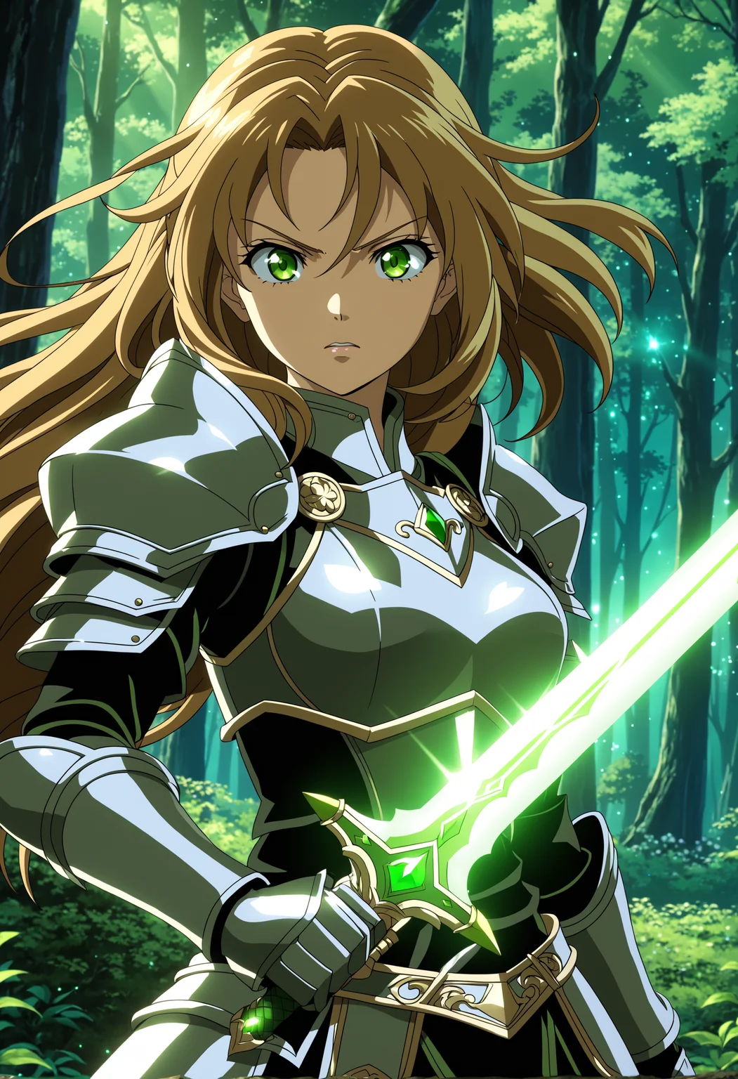 anime screencap, beautiful detailed anime girl, glowing green sword, dark forest background, intense gaze, wind blowing through hair, dynamic lighting, dramatic pose, armor, fantasy setting, intricate details