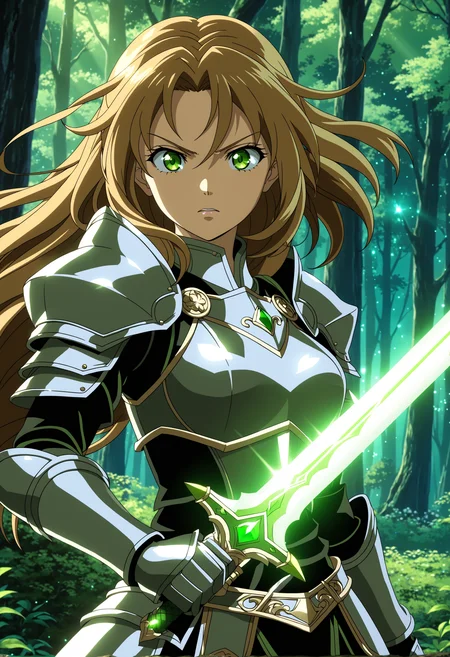 anime screencap, beautiful detailed anime girl, glowing green sword, dark forest background, intense gaze, wind blowing through hair, dynamic lighting, dramatic pose, armor, fantasy setting, intricate details