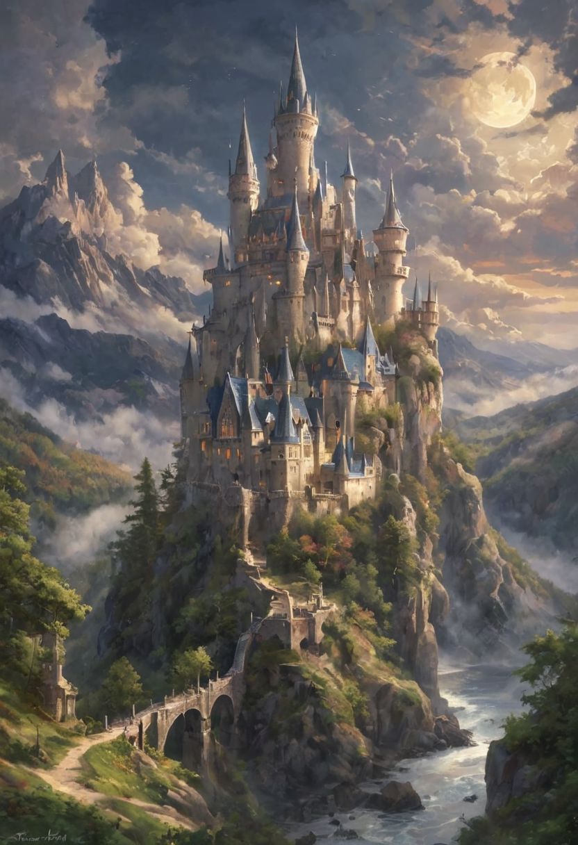 Under the pale glow of the full moon, a magical castle floats serenely among the clouds. This fantastical scene is imbued with a dreamlike quality, the castle's intricate spires and turrets illuminated by the ethereal moonlight. Dark, swirling clouds form a dramatic backdrop, adding a touch of mystery to the scene. The castle itself appears ancient and majestic, with detailed stonework and towering battlements. Soft, glowing orbs of light float around the castle, enhancing the magical atmosphere. The overall mood is one of enchantment and wonder, as if the castle is a hidden sanctuary in the sky. romantic impressionism, dream scenery art, beautiful oil matte painting, romantic, style of Thomas Kinkade, beautiful digital painting, anime landscape, romantic painting, Thomas Kinkade style painting, dreamlike digital painting, colorful painting, beautiful gorgeous digital art, style thomas kinkade, janek sedlar, jenny saville