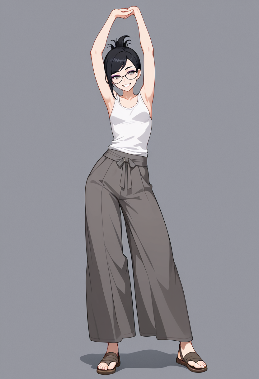 lazypos, 1girl, small breasts, black hair, folded ponytail, gray eyes, glasses, swept bangs, (purple eyeshadow:0.5), contrapposto, sandals, wide pants, white tank top, stretching, arms above head, grin