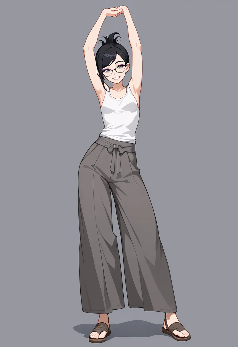 lazypos, 1girl, small breasts, black hair, folded ponytail, gray eyes, glasses, swept bangs, (purple eyeshadow:0.5), contrapposto, sandals, wide pants, white tank top, stretching, arms above head, grin