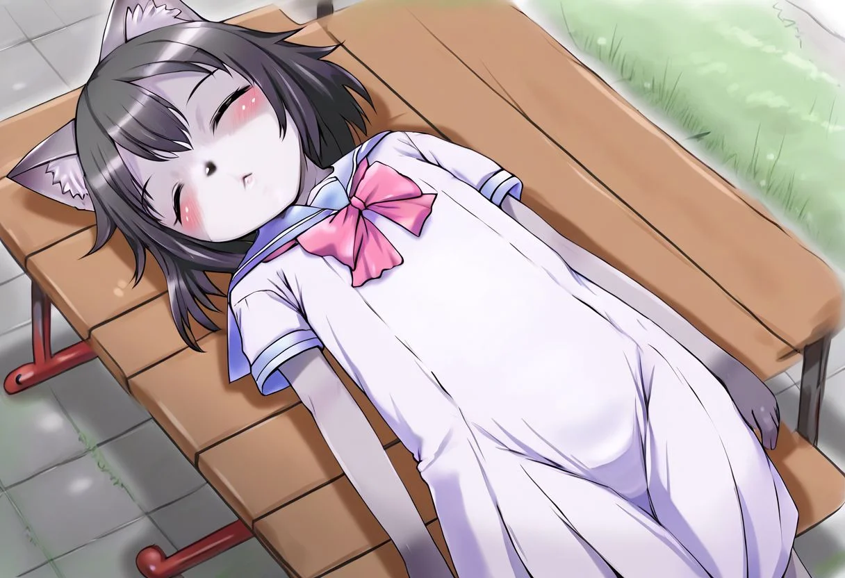 ((ultra-detailed)), ((best quality)), ((best quality)), ((beautiful eyes)), ((extremely detailed)), 4K, (8K), best quality, (beautiful), source_anime, 1girl, slender body, young, small body, cute face, big eyes, flat chest, rorikemo, blush, solo, female, catgirl, sailor suit, sleeping on bench, laying back on bench, looking away, outdoors, park, view from above, angle view, colorful, best quality, masterpiece, nai3, god light, detailed background, high quality background, Urakagi_Saji,