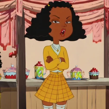 narrow waist, wide hips, flat chest, looking at viewer, crossed arms, half closed eyes, open mouth, teeth, high quality, highres, masterpiece,
cartoon, screencap, source_cartoon
Ashley Boulet, (1girl:1.6) dark-skinned female, black hair, afro, lips, yellow sweater, white shirt, necklace, yellow skirt, plaid skirt, white thighhighs, black shoes
