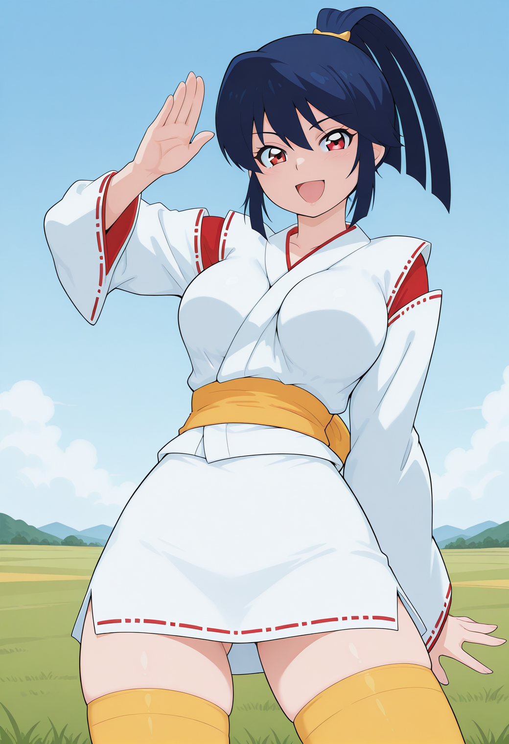 remon, red eyes, blue hair, long hair, ponytail, japanese clothes, long sleeves, wide sleeves, sash, white skirt, yellow thighhighs, <lora:remon_illustrious_ver1:0.8> 
smile, open mouth, cowboy shot,, masterpiece, best quality, sensitive,, 1girl, solo, blue sky, (grasslands:1.2), looking at viewer,, (dynamic pose:1.4),