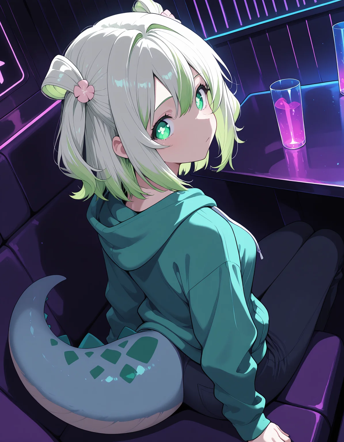 <lora:midis_Midori_V2[IL]:1>, midori, looking at viewer,  tail, hoodie, sitting, looking back, nightclub, sitting, leaning back, (dark:1.3), over shoulder, table, from above, booth seating, neon glowing,  wide area view, pants, table, masterpiece,best quality, very aesthetic,absurdres,newest,