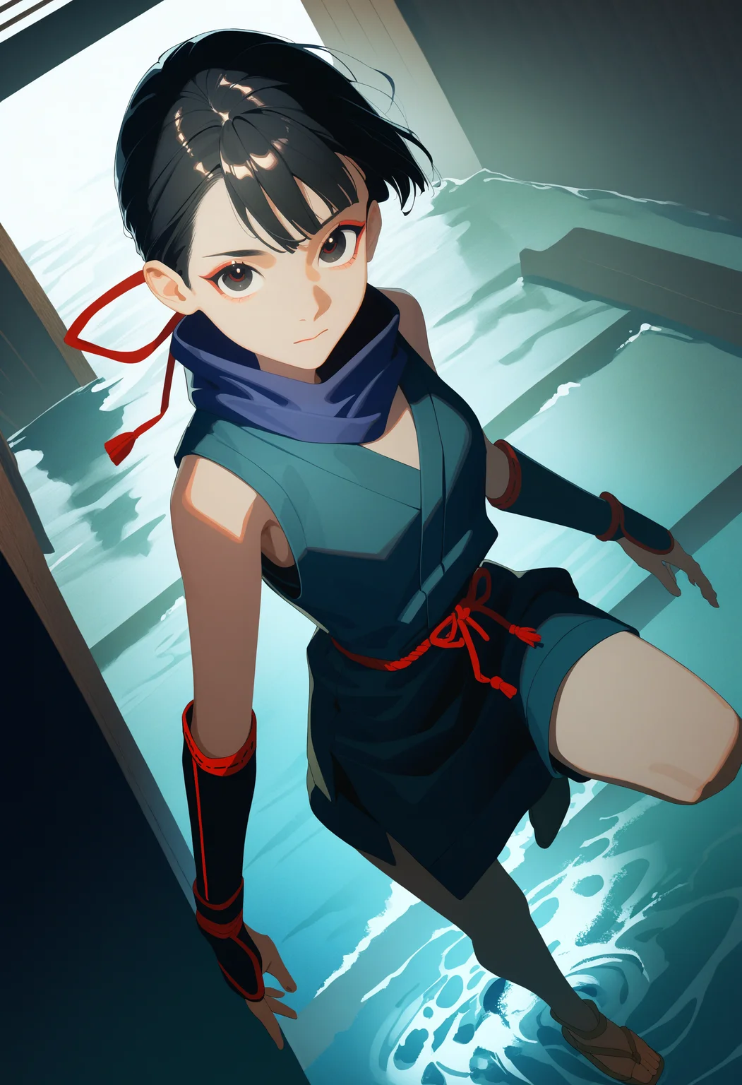 benichidori, benichidori original outfit, black hair, japanese clothes, sleeveless, scarf, sandals, ninja, arm guards
cowboy shot, indoors, dungeon, water, atmospheric, looking at viewer, from above,
masterpiece, best quality, very aesthetic, absurdres
<lora:dungeon_meshi_collection_ani_v23:1>