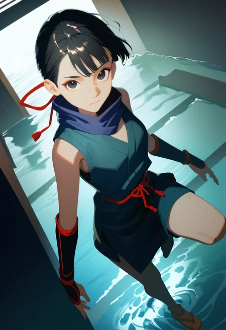 benichidori, benichidori original outfit, black hair, japanese clothes, sleeveless, scarf, sandals, ninja, arm guards
cowboy shot, indoors, dungeon, water, atmospheric, looking at viewer, from above,
masterpiece, best quality, very aesthetic, absurdres
<lora:dungeon_meshi_collection_ani_v23:1>