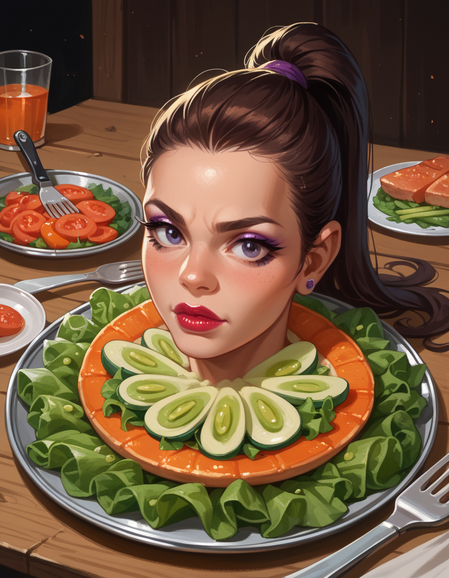 score_9, score_8_up, score_7_up, score_6_up, score_5_up, score_4_up, , solo, 1girl, High Ponytail, makeup, lipstick, hud_h3ad_platt3r, table, tray, severed head, <lora:headonaplatter:1>, knife, fork, spoon, salad, food
