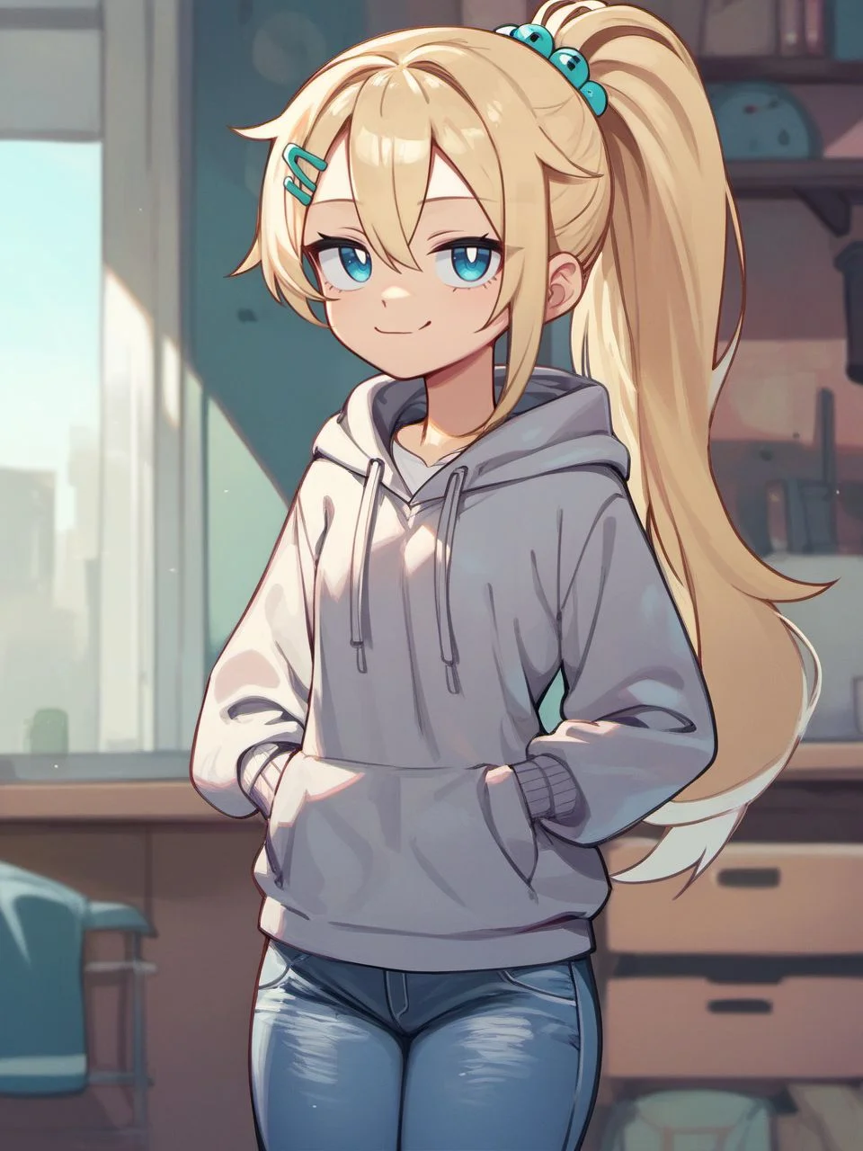 score_9, score_8_up, score_7_up, score_6_up,
mangamaster, 1girl, solo, long hair, looking at viewer, smile, hair ornament, long sleeves, closed mouth, blue eyes, standing, ponytail, hairclip, indoors, hood, blond hair, hoodie, hood down, smug, grey hoodie, jeans,
<lora:Mangamaster_pony_v20:0.8>