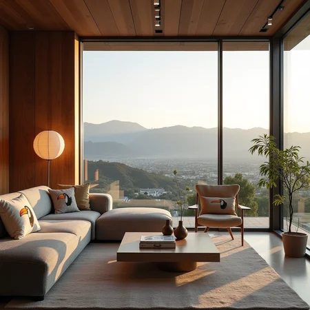 Space:  Living Room with seating, coffee table, standing lamps,  floor to ceiling windows overlooking a mid size city in the mountainous California valley, 
Design / style:  Warm tone contemporary with wood and grey wool material, pillows on sofa with toucan drawing on it, 
Ambiance:  cozy and clean, tidy, 
architecture photography, striking structures, clean lines, geometric shapes, dramatic angles, play of light and shadow, capturing architectural details, showcasing design elements, evoking mood, professional lighting, precise compositions, emphasizing scale and proportion, creating depth, architectural storytelling, capturing iconic landmarks, immersive experience