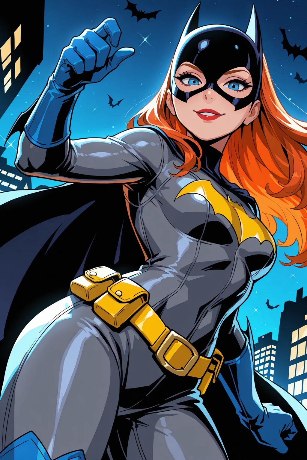 Smooth Quality, highres, hi res, best quality, masterpiece, intricate details, absurdres, 8k, (dcaustyle), glitter, depth of field, pinup, Glamor, (female focus:1.2), close up,
BREAK
1girl Urban environment, atop buildings, Night, (batgirl, (DC)), orange hair, long hair, blue eyes, red lips, grey costume, blue gloves, blue boots, yellow belt, cape, mask, breasts, Night sky, looking at viewer, (looking at viewer:1.1), happy expression, smile, confident, cowboy shot, dynamic angle, epic pose,
<lora:dcau234-illu3_r1:0.2>