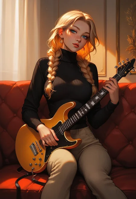 masterpiece, score_9, score_8_up, score_7_up, EasyNegative_v2, (best quality:1.1), ultra-detailed, high resolution, super detailed skin, Highly Visible, 8k, sharp focus, beautiful, perfect lighting, smooth edges, 18 year old girl, cute innocent girl, petite, slender body, large perky round breasts, freckles, full pouty lips, slim legs, braided blonde hair, twin braids, long braids, blue eyes, jewelry, black sweater, textured clothes, (beige pants), ((playing guitar, wooden guitar, classic guitar)), (1girl), solo, sitting on couch, red couch, soft indoors lighting, (((sunset light, warm light, orange hues)))