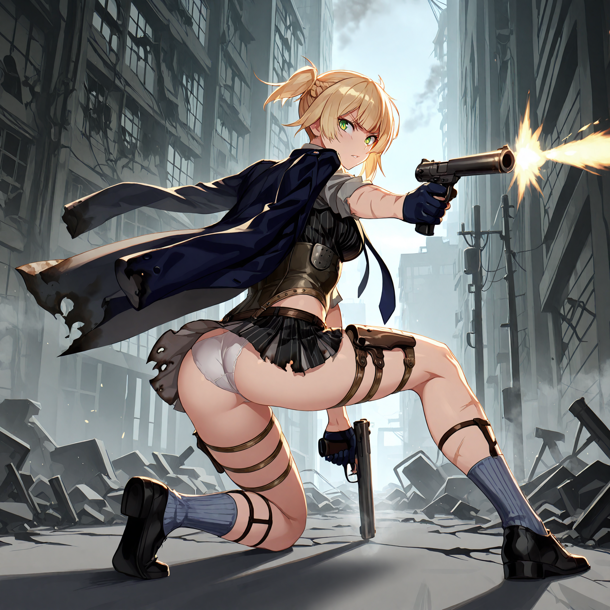 (masterpiece), best quality, (highly detailed), 1female, solo, <lora:Welrod:0.7> , Welrod, green eyes, welbase, necktie, corset, skirt, pinstripe pattern, gloves, jacket, jacket on shoulders, torn clothes, from behind, panties, burnt clothes, ruined city, holding guns, panic expression, on one knee, looking back, hurt, scars, firing gun, shooting, <lora:DualPistolsIL:0.8> , dual pistols,