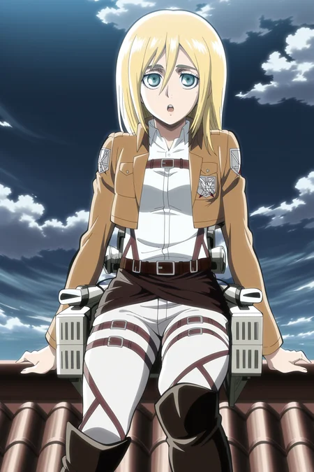 anime screencap, anime coloring, detailed face, masterpiece, best quality, very aesthetic, absurdres, volumetric lighting, official style, amazing quality, ultra detailed,  highres, amazing quality, scenery, beautiful detailed hair, beautiful detailed eyes, detailed fingers,
 <lora:Historia_ReissKrista_Lenz_Attack_on_Titan_Seasons_1-3:1>
Historia Survey Corps season 1 (outfit), Historia Reiss (character), 1girl, paradis military uniform, krista lenz, three-dimensional maneuver gear, solo, blonde hair, emblem, boots, training corps (emblem), jacket, rooftop, cloud, knee boots, sky, pants, :O, looking at the viewer,