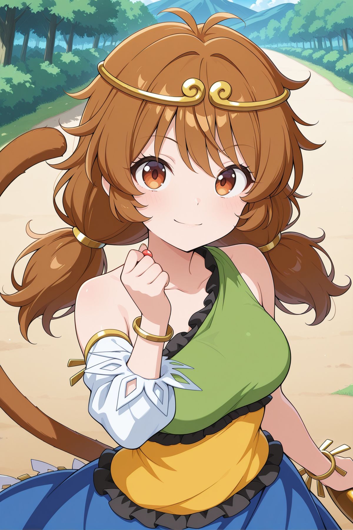 absurdres, highres, masterpiece, best quality, amazing quality, official anime artwork, screencap, anime screencap, outdoors, looking at viewer, light smile, dynamic pose, standing,
 <lora:Son-Biten_Illustrious:1> son biten, 1girl, solo, brown eyes, brown hair, long hair, low twintails, antenna, monkey tail, gold circlet, jewelry, green dress, sleeveless dress, single-shoulder dress, single detached sleeve, bracelet, yellow dress, blue skirt, holding rode,