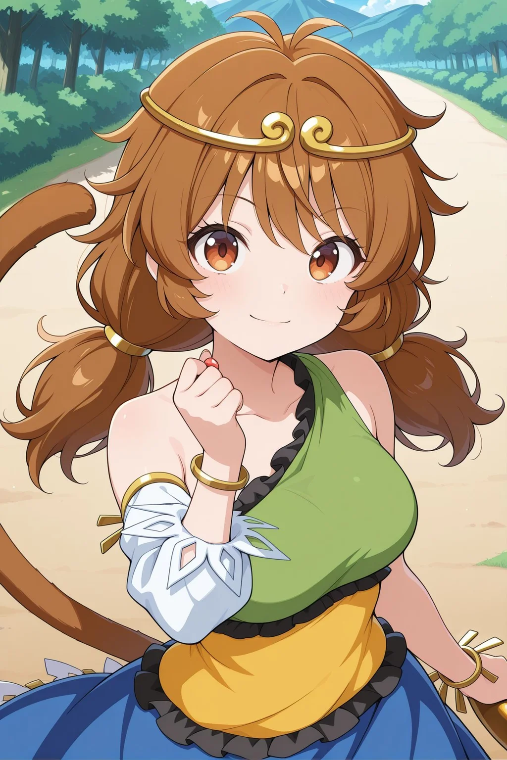 absurdres, highres, masterpiece, best quality, amazing quality, official anime artwork, screencap, anime screencap, outdoors, looking at viewer, light smile, dynamic pose, standing,
 <lora:Son-Biten_Illustrious:1> son biten, 1girl, solo, brown eyes, brown hair, long hair, low twintails, antenna, monkey tail, gold circlet, jewelry, green dress, sleeveless dress, single-shoulder dress, single detached sleeve, bracelet, yellow dress, blue skirt, holding rode,