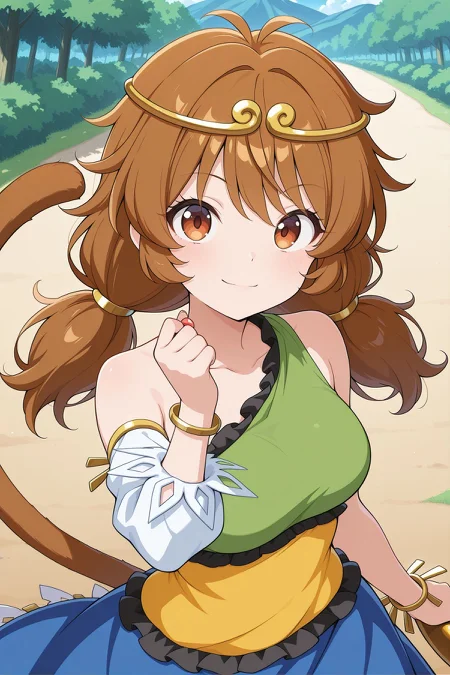 absurdres, highres, masterpiece, best quality, amazing quality, official anime artwork, screencap, anime screencap, outdoors, looking at viewer, light smile, dynamic pose, standing,
 <lora:Son-Biten_Illustrious:1> son biten, 1girl, solo, brown eyes, brown hair, long hair, low twintails, antenna, monkey tail, gold circlet, jewelry, green dress, sleeveless dress, single-shoulder dress, single detached sleeve, bracelet, yellow dress, blue skirt, holding rode,