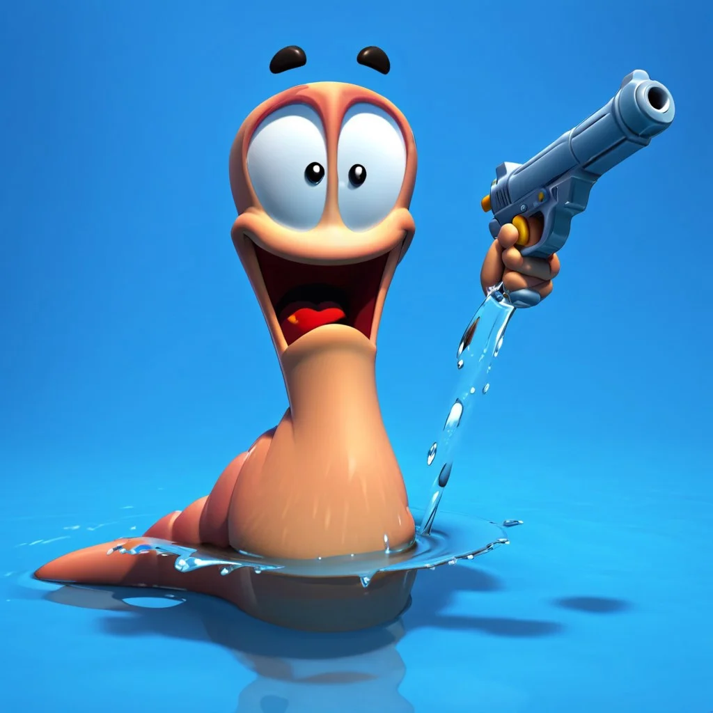 worm, render, solo, 1worm, holding water pistol, dripping wet worm, sitting in water puddle, (worms 3d render), transparent water