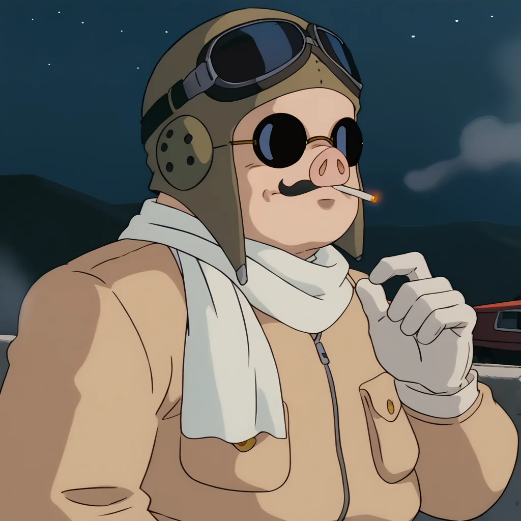 score_9, score_8_up, score_7_up, score_6_up,score_5_up, score_4_up, night, <lora:porco-v1-16:1> prmarcop, pig man, 1boy, fat, sunglasses, solo, pilot, aviator cap, white scarf, white gloves, red airplane, brown jacket, upper body, smoke, holding cigarette, dutch angle, <lora:add-detail-xl:1>