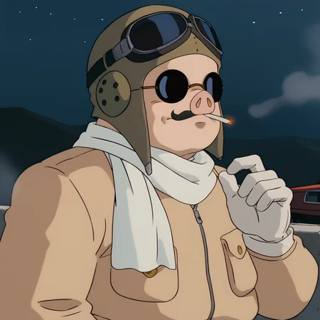 score_9, score_8_up, score_7_up, score_6_up,score_5_up, score_4_up, night, <lora:porco-v1-16:1> prmarcop, pig man, 1boy, fat, sunglasses, solo, pilot, aviator cap, white scarf, white gloves, red airplane, brown jacket, upper body, smoke, holding cigarette, dutch angle, <lora:add-detail-xl:1>