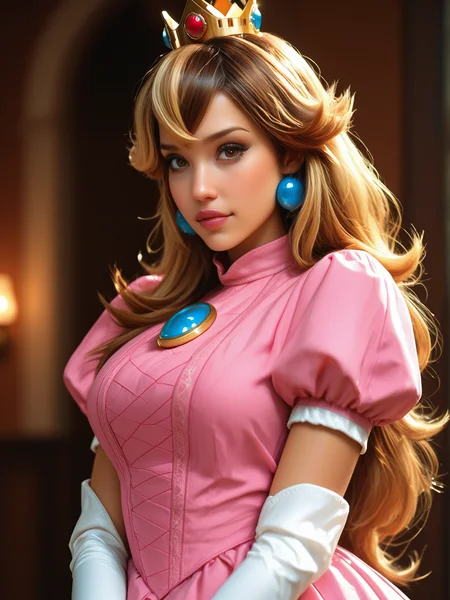 masterpiece, best quality, very aesthetic, dynamic lighting, realistic, 1 woman, solo, cinematic, <lora:JAlbDS:1> JAlbDS, brown hair, blonde streaks, brown eyes, looking at viewer, <lora:MoriiMee_Gothic_Niji_Style_Illustrious_r1:0.5> <lora:Beautiful_Girls_V4:0.5>, cosplaying as Princess Peach, very expressive, suggestive, cowboy shot