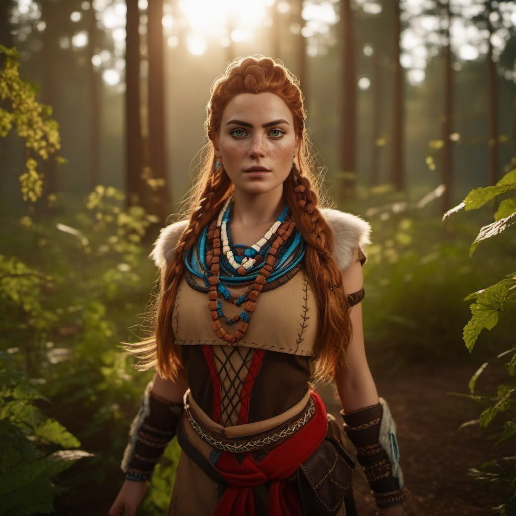 cinematic photo full body portrait 1girl, long hair, braid, jewelry, green eyes, freckles, detailed skin, detailed eyes, stands in a forest  <lora:Aloy1024:0.8> . 35mm photograph, film, bokeh, professional, 4k, highly detailed