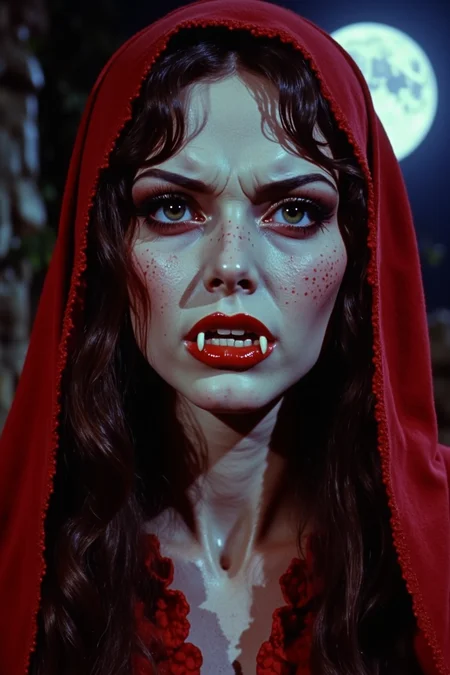 a,low quality 1980 movie screengrab and cinematic detailed closeup shot of the necromancer's face statue with freckles facials, symmetric portrait, scowl expression, shows her fangs, eye contact, wearing a red laced clothes with cloak, moon lighting, mystical night scene, beautiful mystical allure, Noir, her face and fangs are the primary focus, facial illumination ,film grain,vntgfnts style,lowres,blurry