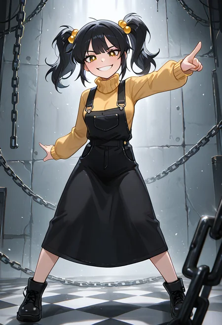 masterpiece, best quality, amazing quality, very aesthetic, absurdres, newest, detailed background, foreground blur, (( cartoon, )),
cassidyfnaf, 1girl, twintails, black hair, hair ornament, long sleeves, yellow sweater, hair bobbles, turtleneck sweater, black overalls dress, medium breasts,
metal chains, chain magic, attacking with chains, pointing, smile, evil grin, grey walls, checkered floor,