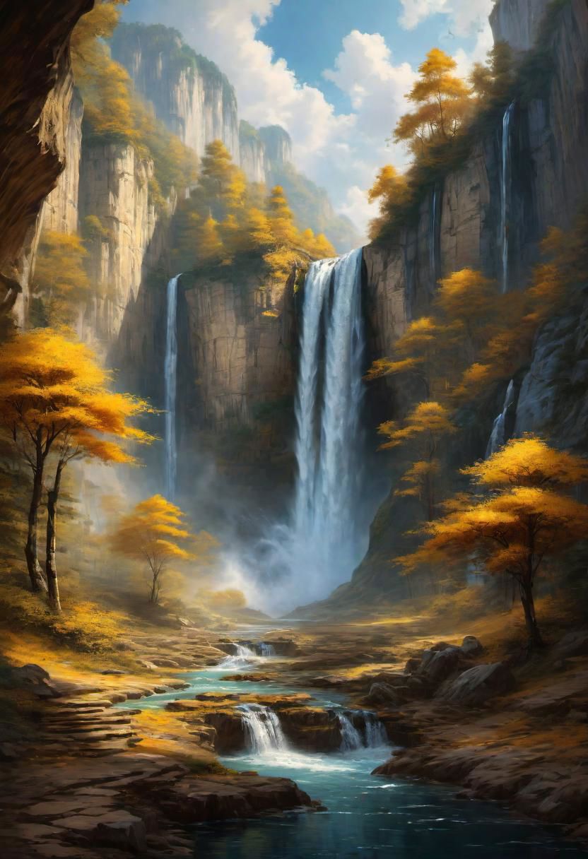 a landscape of a waterfall with gold water,
 masterpiece, highly detailed,
EdobHorrorLandscape,