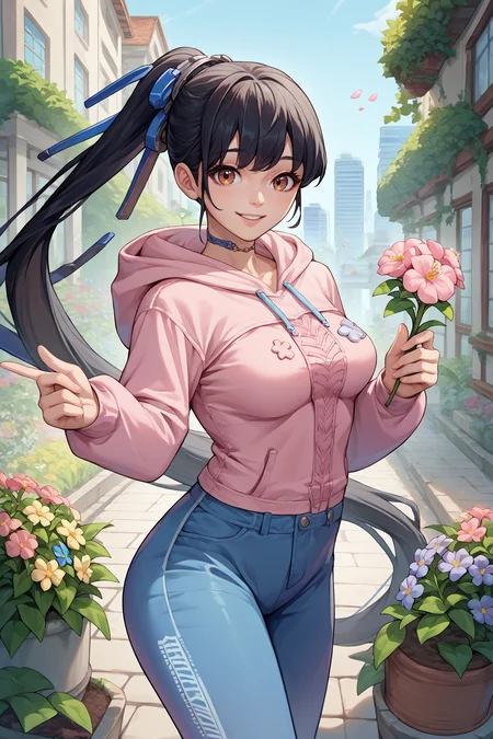 score_9, score_8_up, score_7_up, score_6_up, source_anime, 1girl, solo, <lora:sbeve-pdxl-nvwls-v1-000006:1> defEve, black hair, long ponytail, breasts, pink hoodie, happy, holding flower, blue pants, city, garden, flowers, looking at you