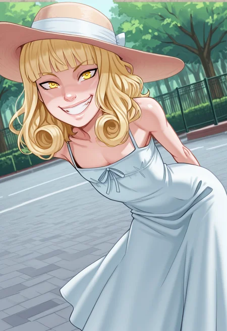 (detailed background:1.1), thick outlines, outdoors, park, <lora:LilandyAndava_style_for_IL:1.0>, (andava:0.5),
BREAK
(1girl, solo:1.2), (blonde hair, medium hair, curly hair , blunt bangs , yellow eyes ), standing, leaning forward, arms behind back, grin, dutch angle, skinny, narrow waist,
BREAK
sundress, sun hat, long dress,
BREAK
flat chest