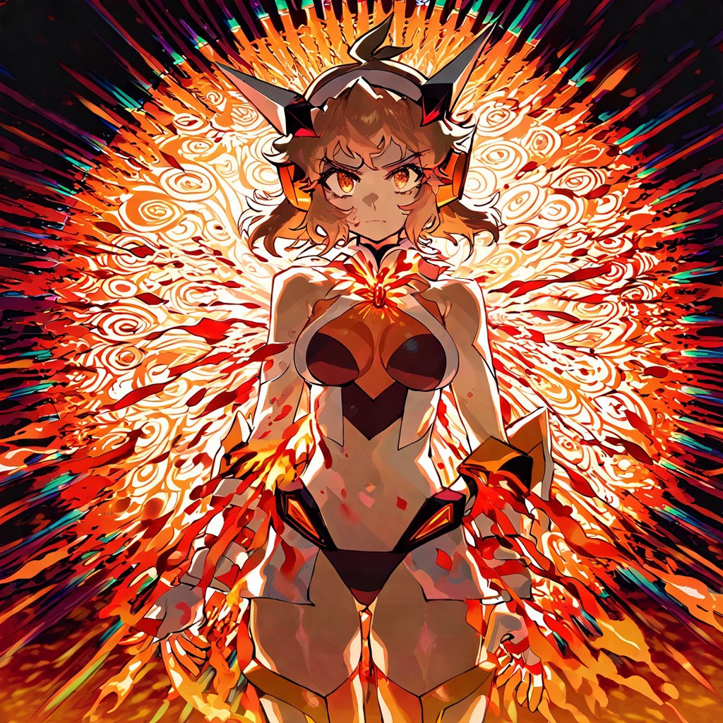 optical illusion, ssambatea, quasarcake, 
 tachibana_hibiki_(symphogear), senki_zesshou_symphogear,1girl ,bare_shoulders ,breasts ,brown_eyes, brown_hair, gloves hair_ornament ,headgear, looking_at_viewer ,medium_breasts, navel, orange_eyes ,short_hair ,solo,
blood orange style,
masterpiece, best quality, amazing quality, very aesthetic, absurdres, newest,