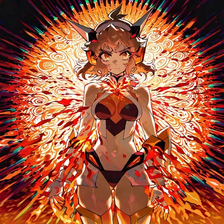 optical illusion, ssambatea, quasarcake, 
 tachibana_hibiki_(symphogear), senki_zesshou_symphogear,1girl ,bare_shoulders ,breasts ,brown_eyes, brown_hair, gloves hair_ornament ,headgear, looking_at_viewer ,medium_breasts, navel, orange_eyes ,short_hair ,solo,
blood orange style,
masterpiece, best quality, amazing quality, very aesthetic, absurdres, newest,