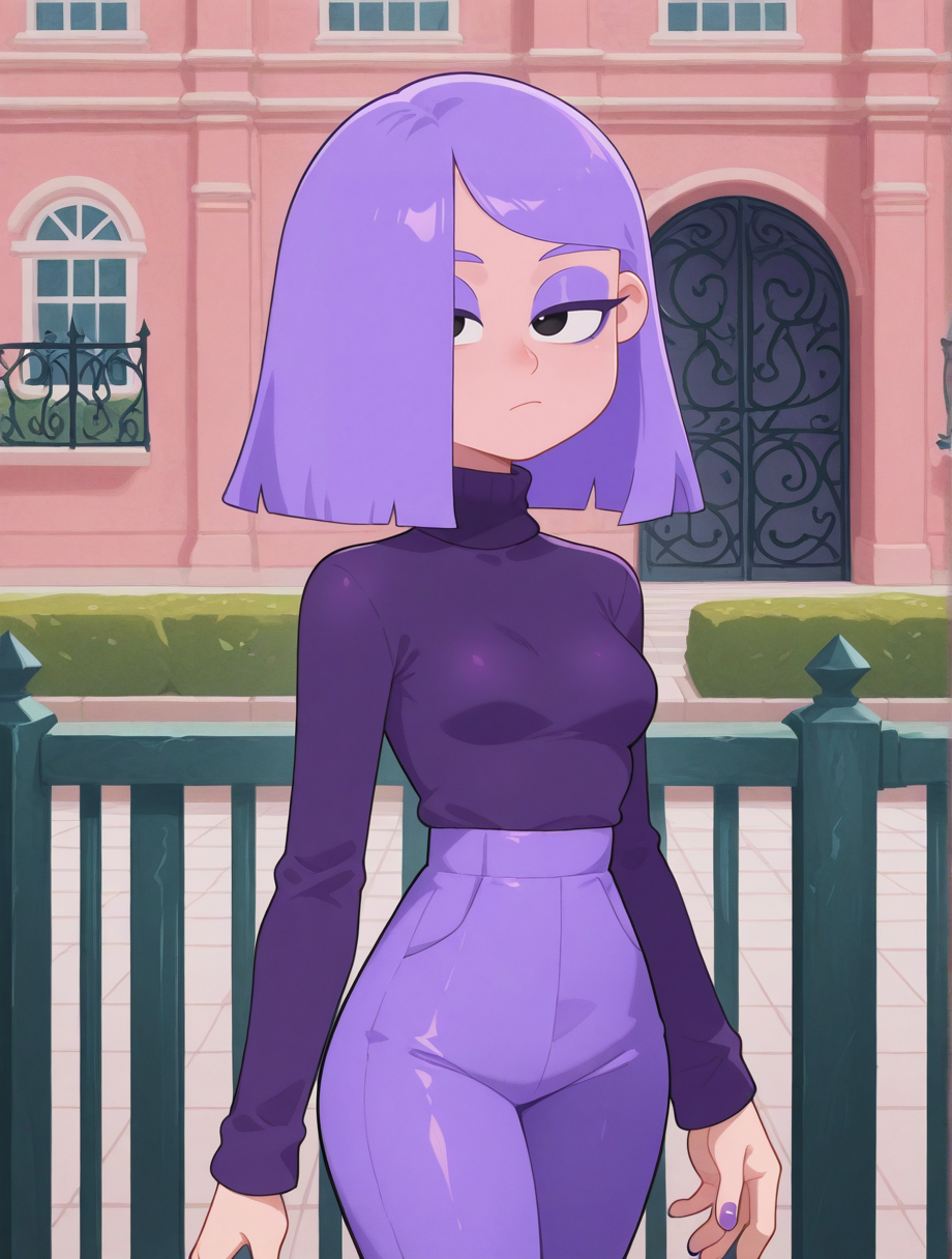 high quality, best quality, masterpiece, highres, very aesthetic, absurdres, <lora:illustrious_quality_modifiers_masterpieces_v1:.5>, <lora:NSFWFilter_illusXL_Incrs_v1:-.5>, cowboy shot, wide shot, 
<lora:lily_duolingo_v2:1> lilyduolingoILL, medium hair, light purple hair, bangs, black eyes, purple eyeshadow, purple nails, petite, small breasts, dark purple sweater, turtleneck, long sleeves, purple pants
, outdoors, at a school, building, gate, fence, afternoon