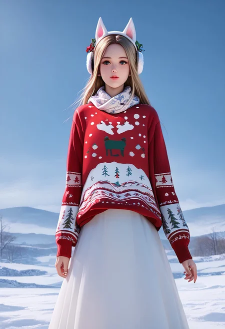 score_9, score_8_up, score_7_up, score_6_up, score_5_up, score_4_up, masterpiece, ultra-detailed, high resolution,
christmas_sweater,chuxue, Demon,
Masterpiece, Top Quality, High Resolution, Photorealistic, Extremely detailed CG unified 8k wallpaper)), 1 female, with bright blue eyes and chestnut long hair, wearing a red Christmas sweater with white snowflake patterns on it, a warm white scarf around her neck, white furry earmuffs (resembling animal ears in a cute way), a long white skirt, and a pair of knee-high white boots. She looks like a sweet yet elegant girl. Beside her is a big, fluffy white dog with a red ribbon around its neck, wearing a small piece of iron armor on its back, sitting obediently and looking at the viewer with its big, black eyes. They are standing in a snow-covered field in winter, with snowflakes gently falling from the sky, swirling in the wind. In the distance, there are some snow-capped trees, and the whole scene is like a beautiful winter fairy tale, full of warmth and tranquility.