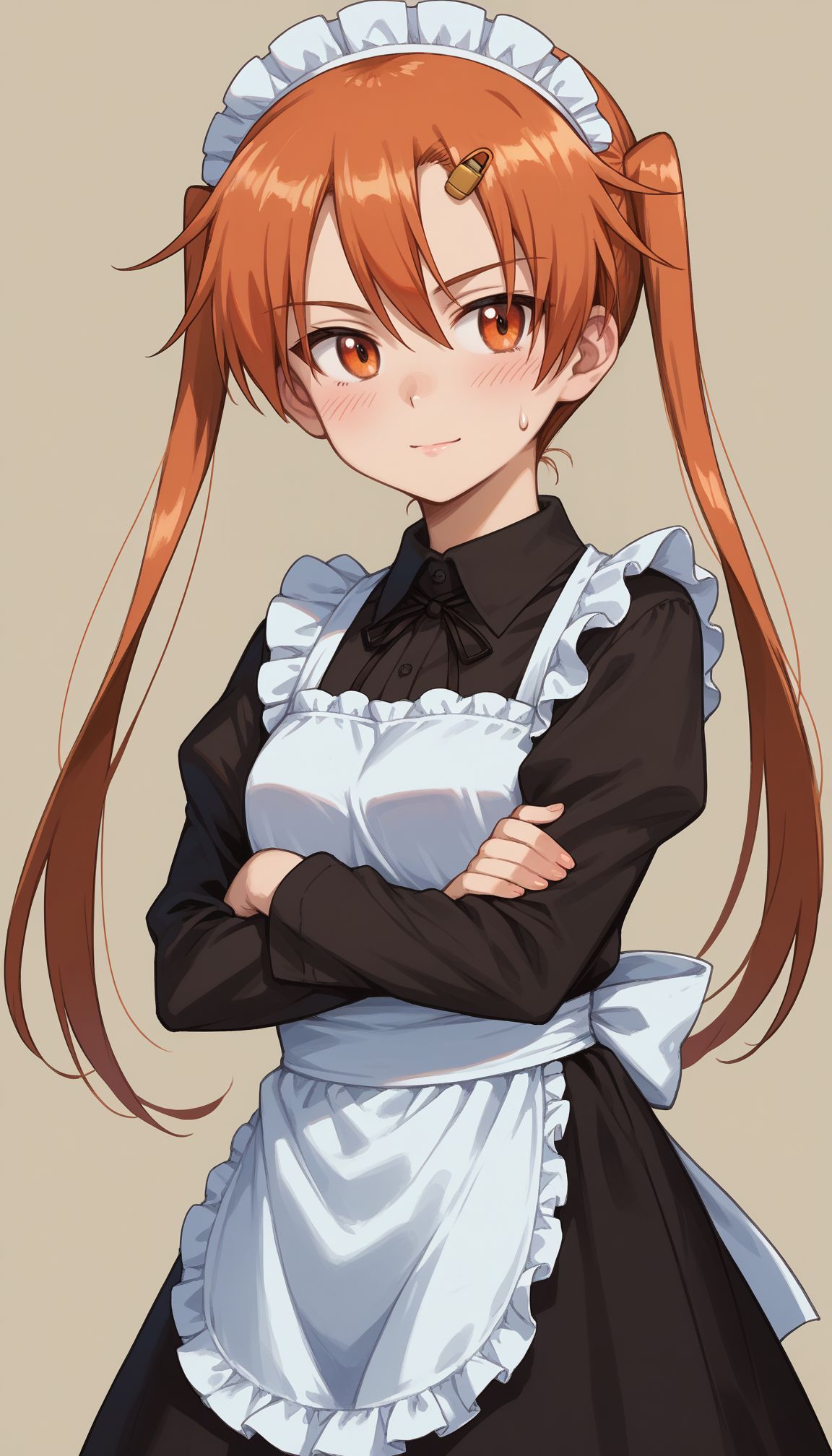 score_9, score_8_up, score_7_up, score_6_up, , solo, 20yo woman, (Beuty:1.1) , (cute:1.3), ,perfecteyes , seductive smile,perfect (photo realistic:1.2), (simple background:1.1),  
<lora:Emi_Nakasuga (Girls und panzer):1> Emi_Nakasuga (Girls und panzer), 1girl, maid headdress, blush, twintails, , orange hair, orange eyes, long hair, sweatdrop,  crossed arms, apron, pantyhose