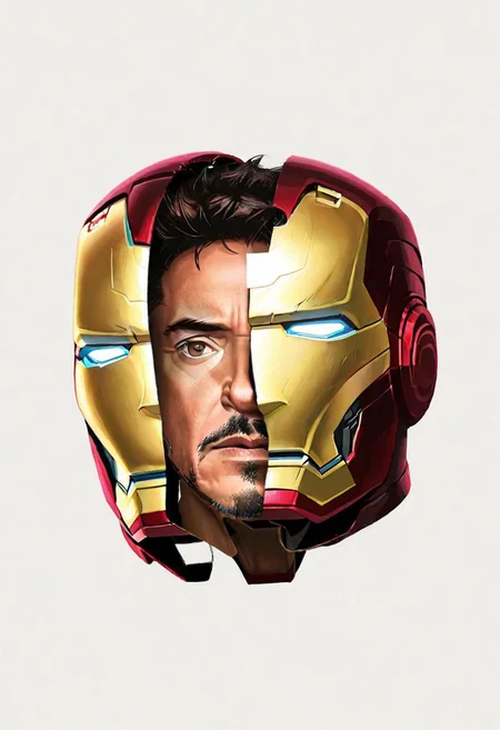 Split head, Tony Stark head inside Iron Man helmet,