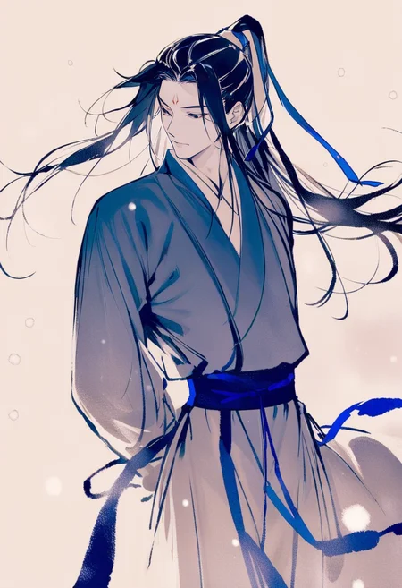 masterpiece, best quality,<lora:inkXL_ANI31_lokr_V43P1:0.95>monochrome, 1boy, male focus, solo, black hair, long hair, ribbon, blue ribbon, arms behind back, chinese clothes, hair ribbon, long sleeves, hanfu, closed mouth, white background, high ponytail, standing, ponytail, looking down, robe, snow, snowing, simple background, sash, facial mark, forehead mark, cowboy shot, floating hair